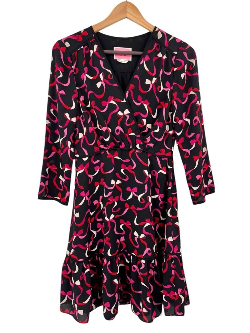 KATE SPADE Women's Black Pink Ribbon Faux Wrap Long Sleeve Dress Size 0